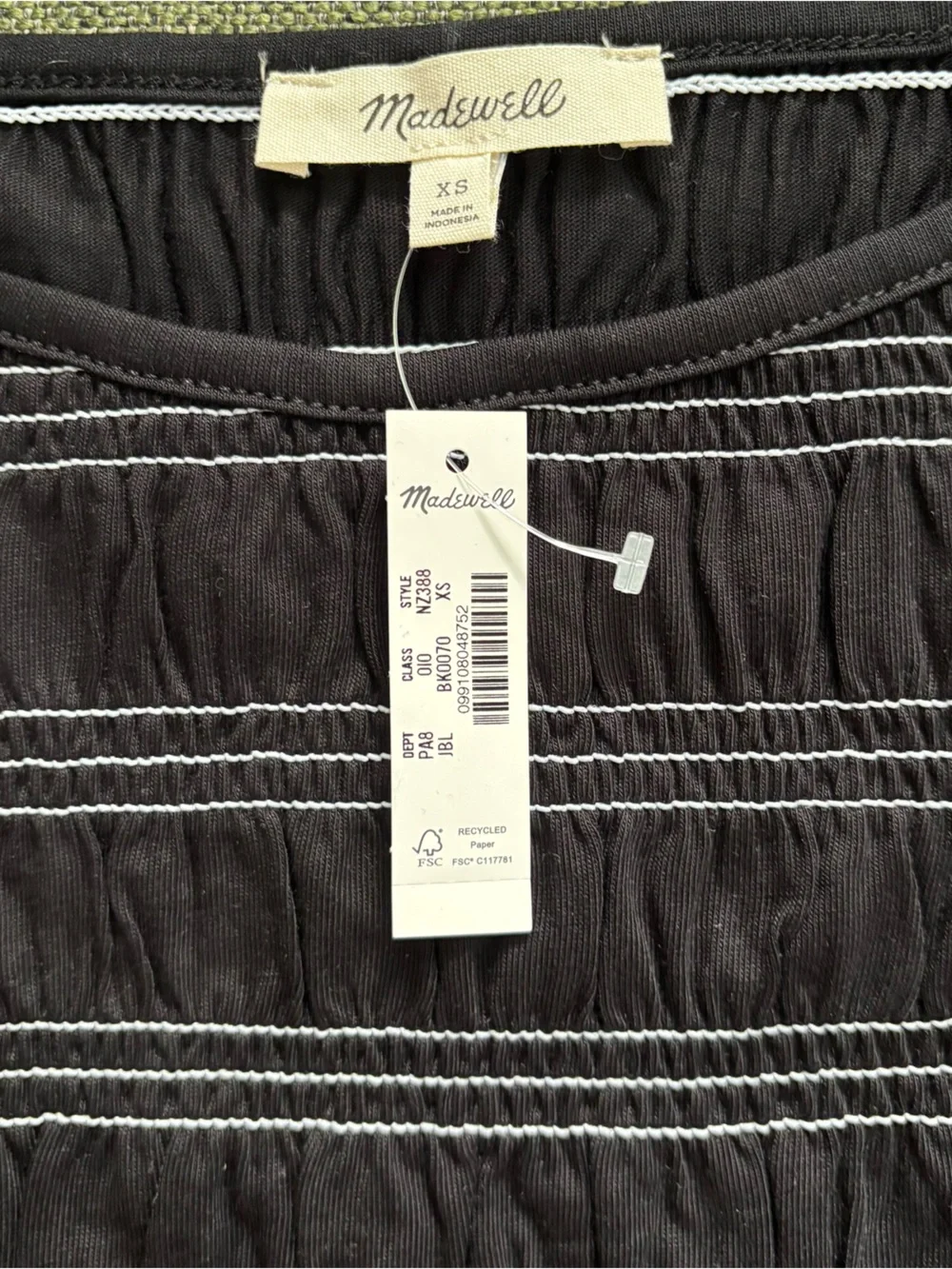 Madewell XS black ruched shirt with white stripes